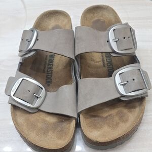 Birkenstock Grey Sandals with Metallic Buckles